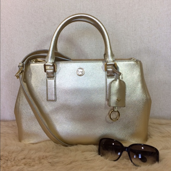 NEW Tory Burch Robinson Gold Saffiano Leather Mini Double-Zip Tote/Shoulder Bag - Picture 2 of 14