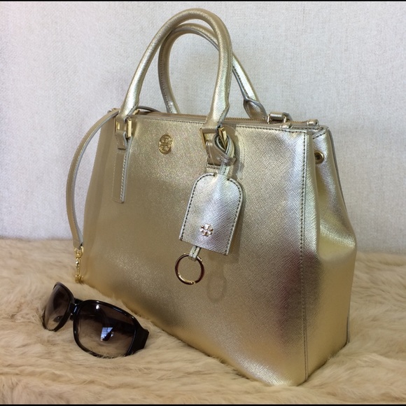 NEW Tory Burch Robinson Gold Saffiano Leather Mini Double-Zip Tote/Shoulder Bag - Picture 3 of 14