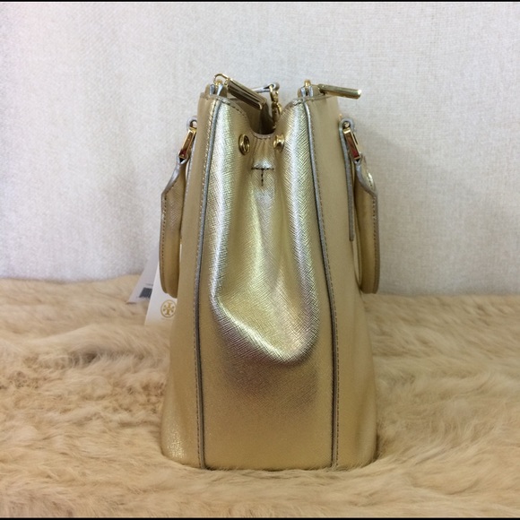 NEW Tory Burch Robinson Gold Saffiano Leather Mini Double-Zip Tote/Shoulder Bag - Picture 4 of 14