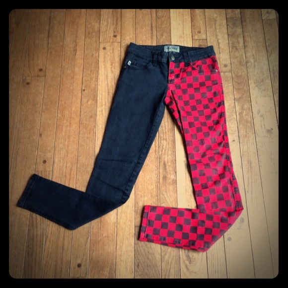 red and black split leg jeans