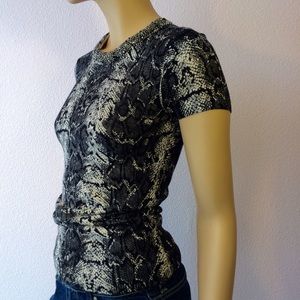 Animal print sweater top pretty beaded neck INC