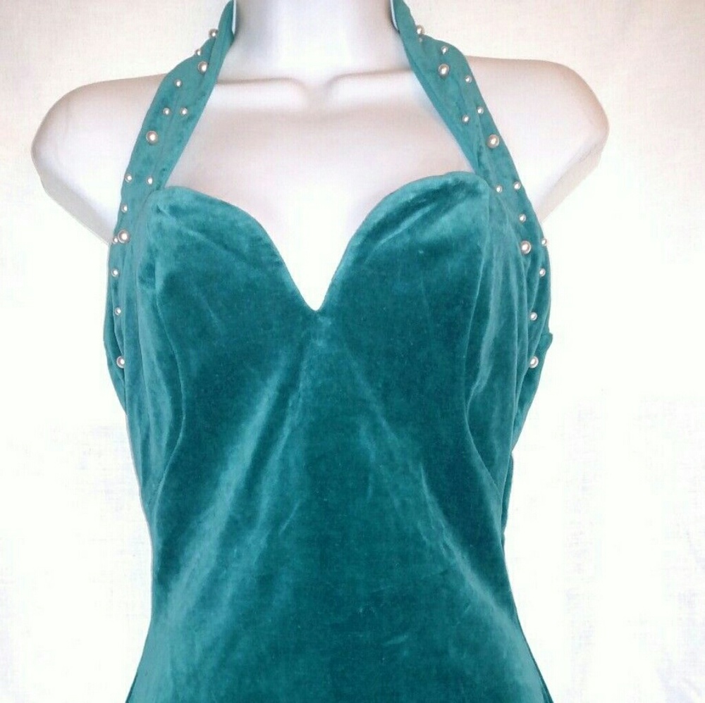 Vintage 80's velvet aqua green halter dress  7/8