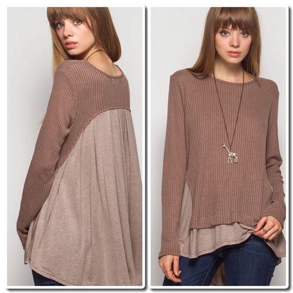 She and Sky Tops - Long Sleeve Ribbed Top w/Solid Contrast