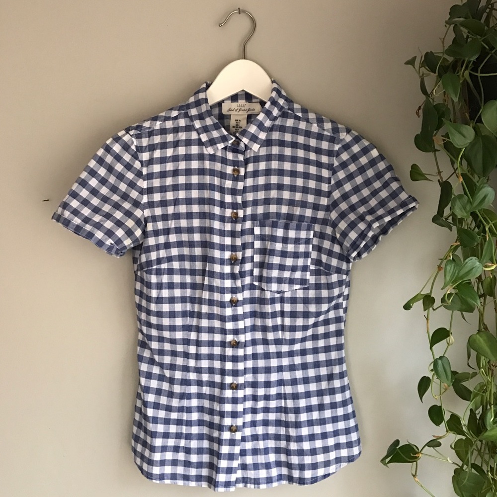 blue and white checkered button up blouse