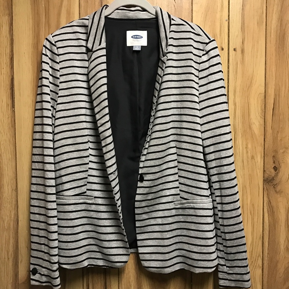 Black and gray stripe jersey knit blazer.