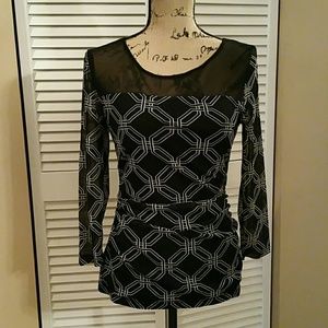 INC Printed top, Fitted, sheer sleeves