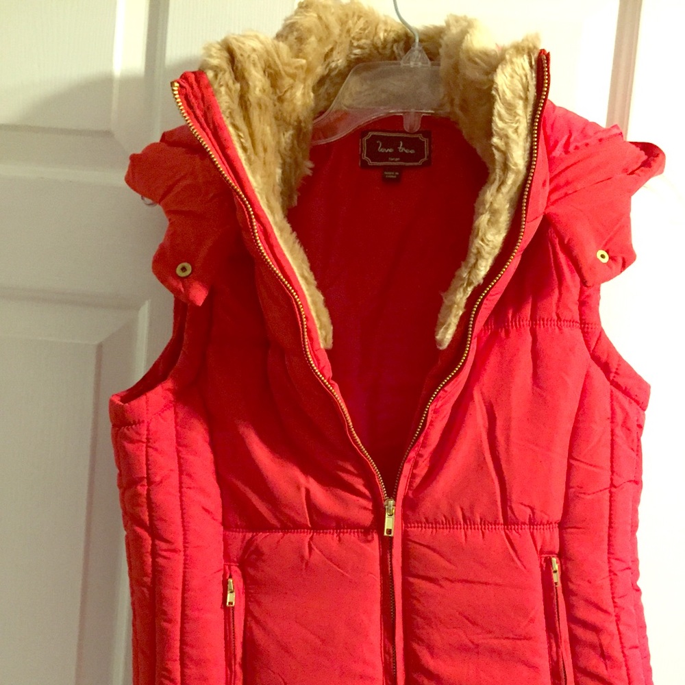 Red hooded down vest