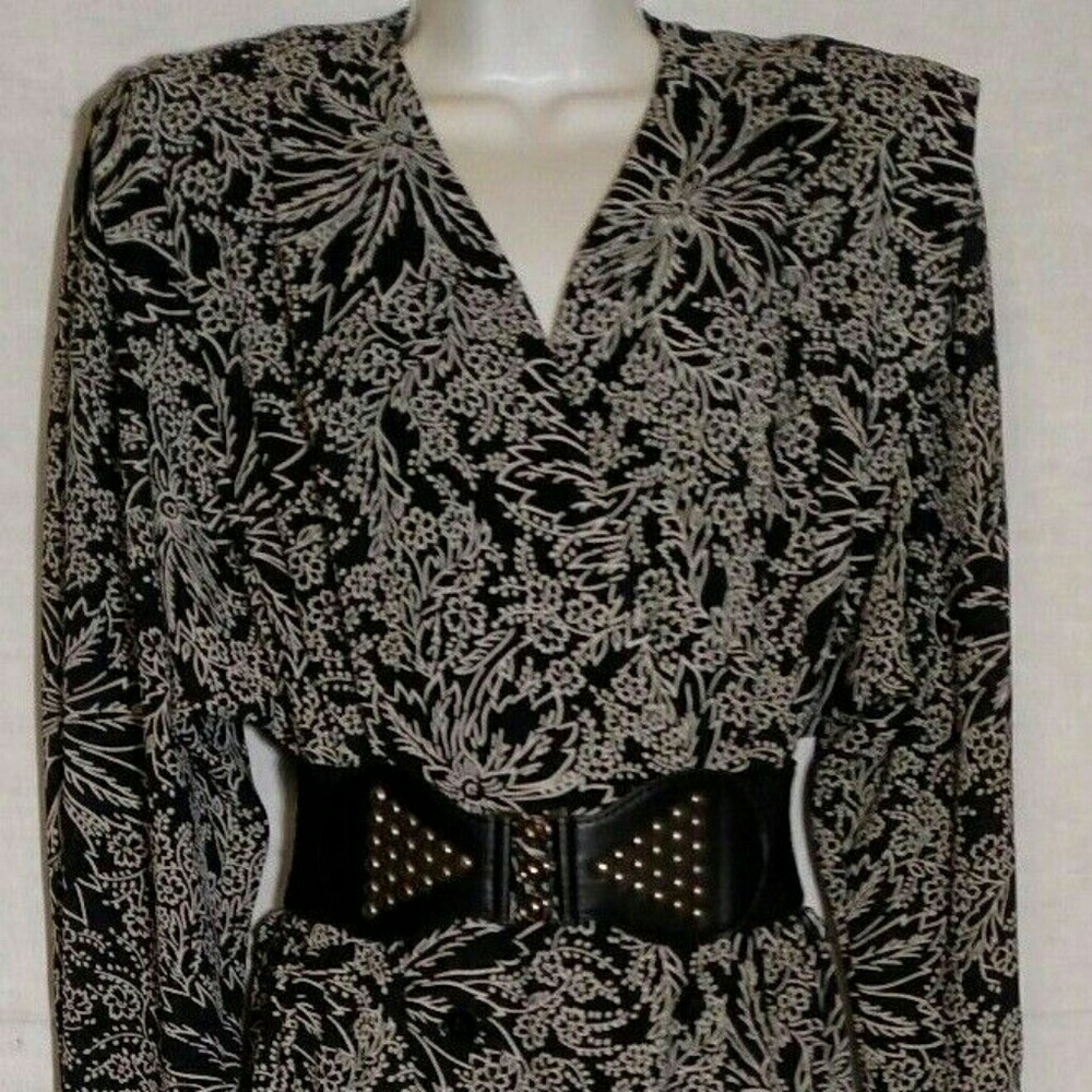 Vtg Liz Claiborne Collection B&W Floral Midi Dress