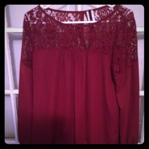 Long sleeved maroon blouse with lace detailing