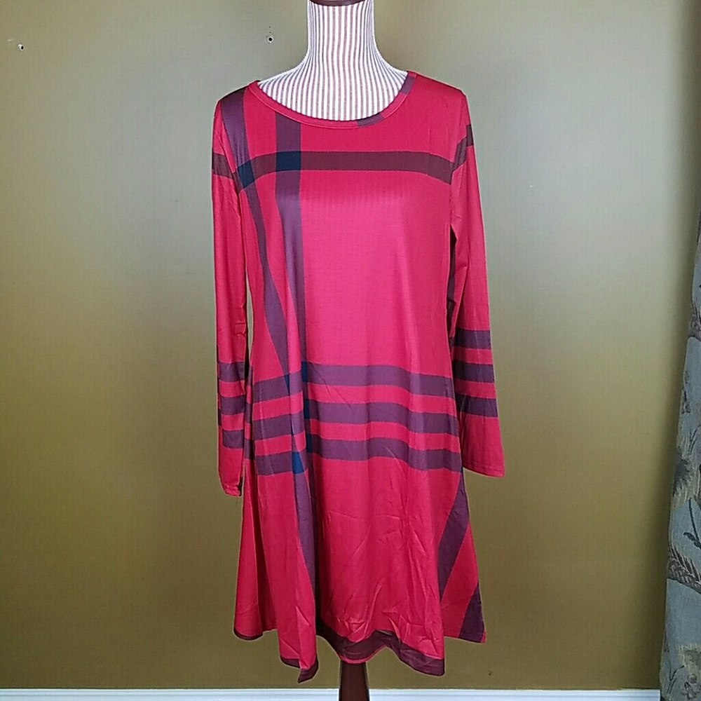 Plus Size Red Plaid Long Sleeve Dress - Picture 2 of 4