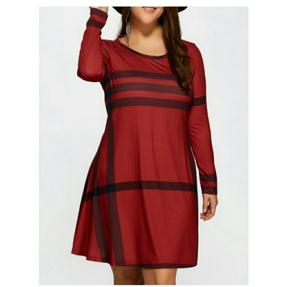 Dresses & Skirts - Plus Size Red Plaid Long Sleeve Dress