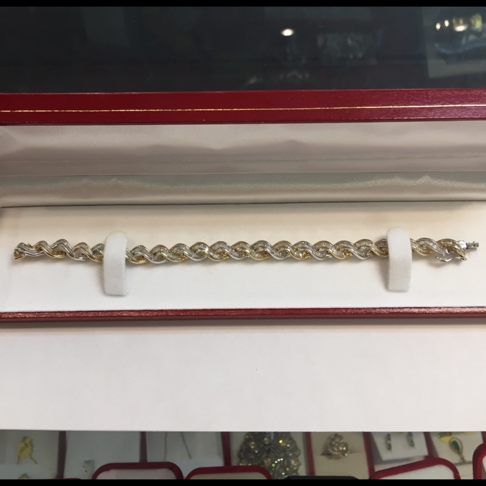 2-Tone 14K Baguette Genuine Nat Diamond Twisted Br
