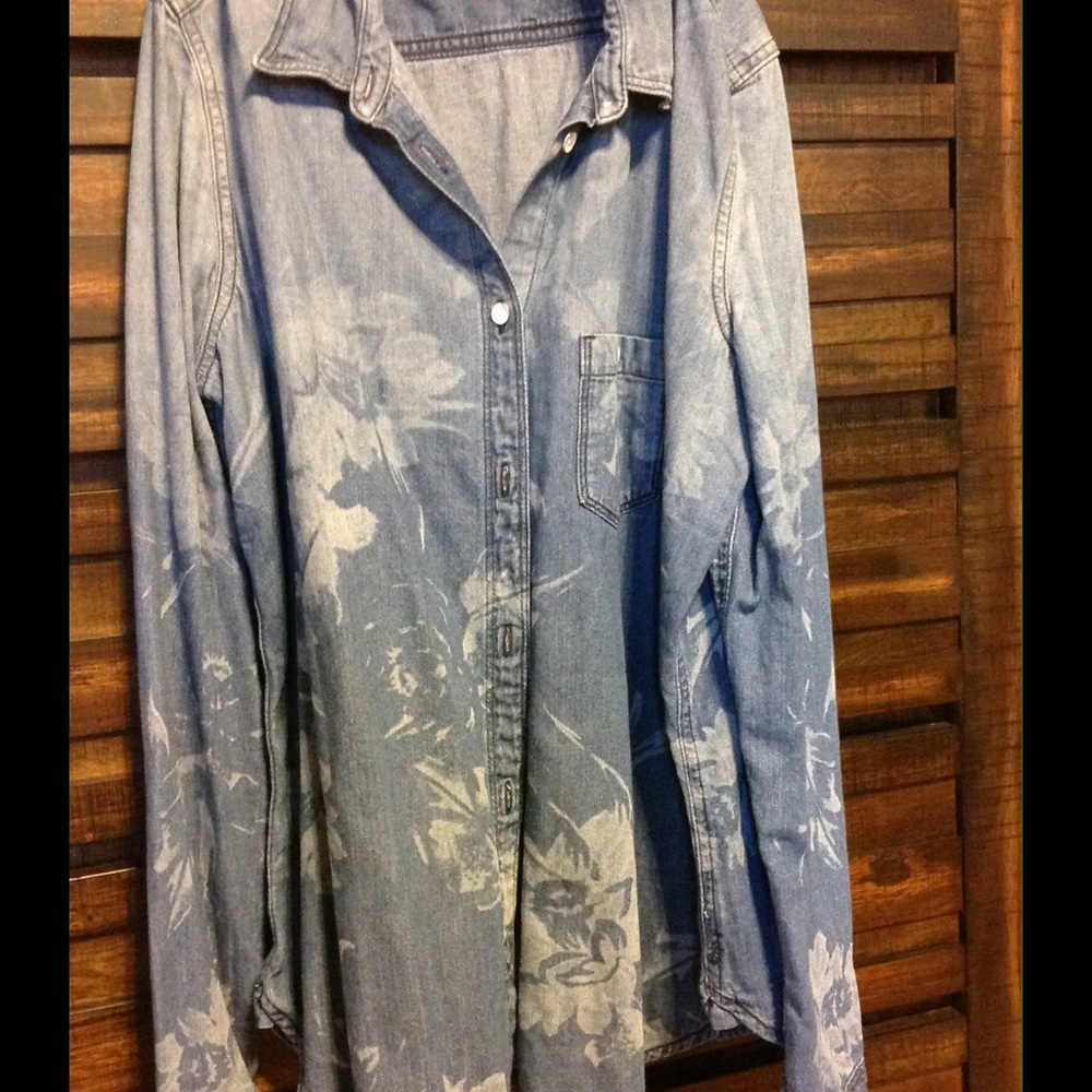 Denim snap front shirt with faded out flowers