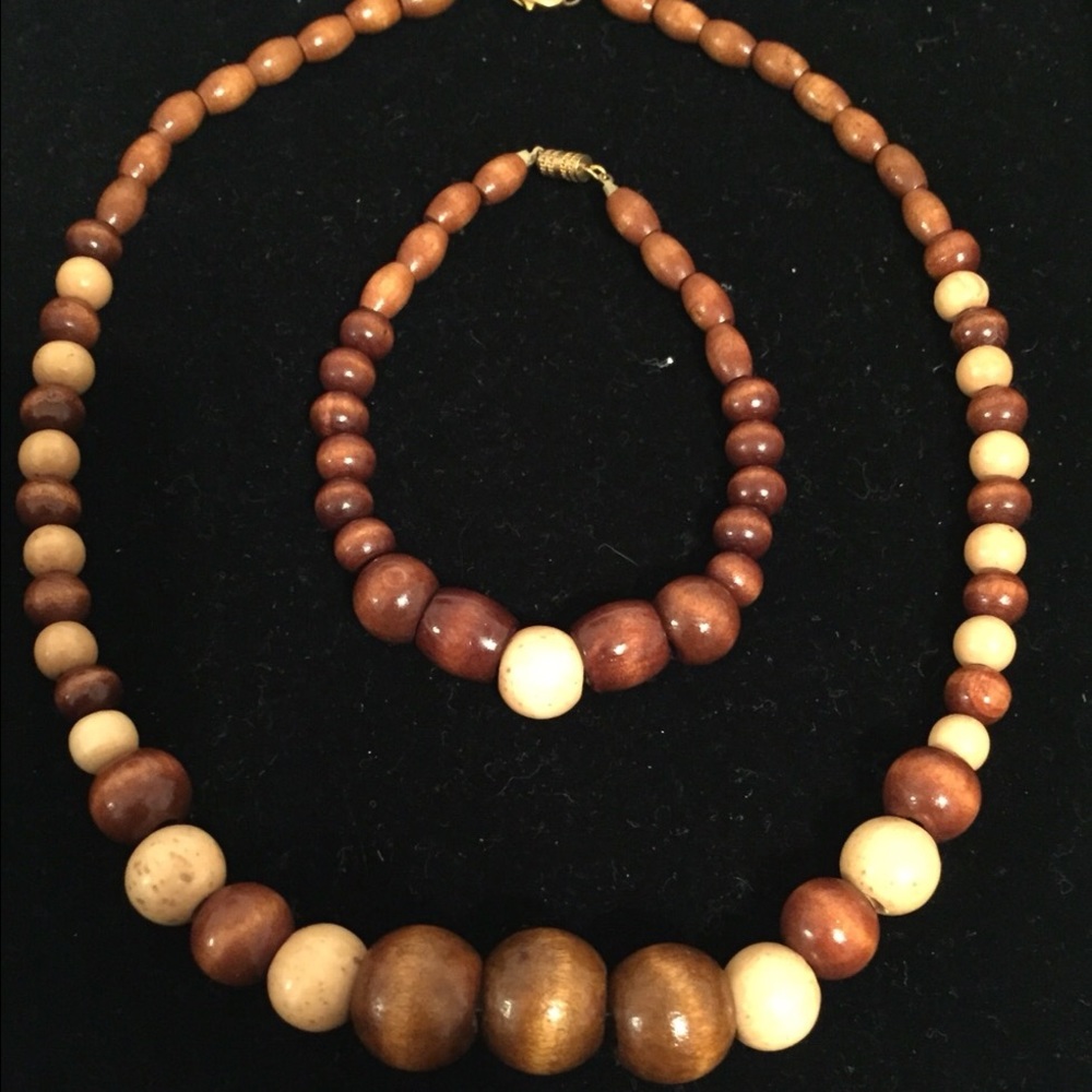 Handmade Wood Bead Necklace & Bracelet
