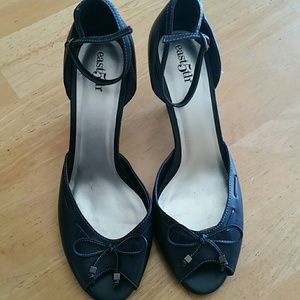 Navy blue peep toe heels with ankle strap