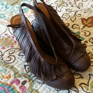 Brown leather fringed heels