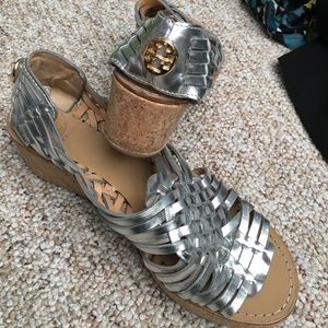 Tory Burch silver metallic espadrille sandals