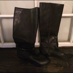 Jessica Simpson black patent leather wedge boots
