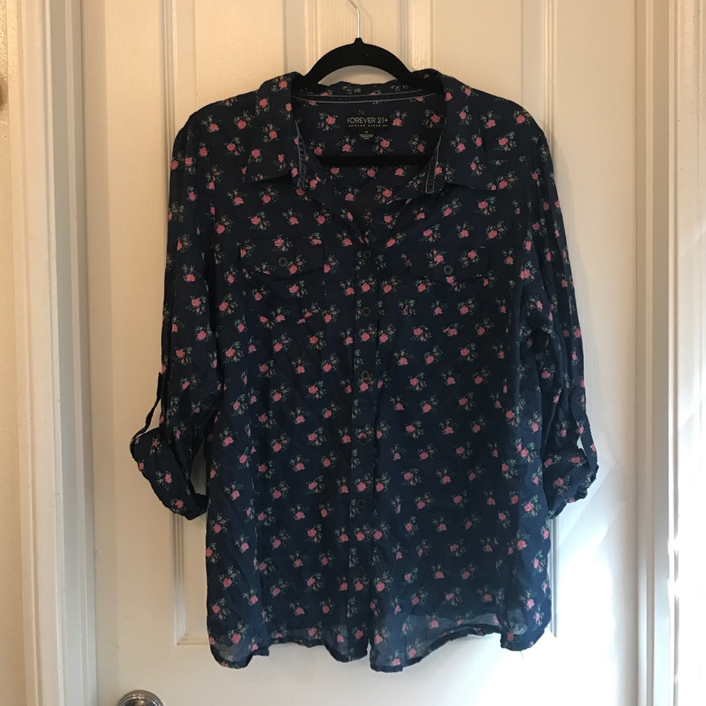 Plus Size Navy Floral Button-Down Shirt