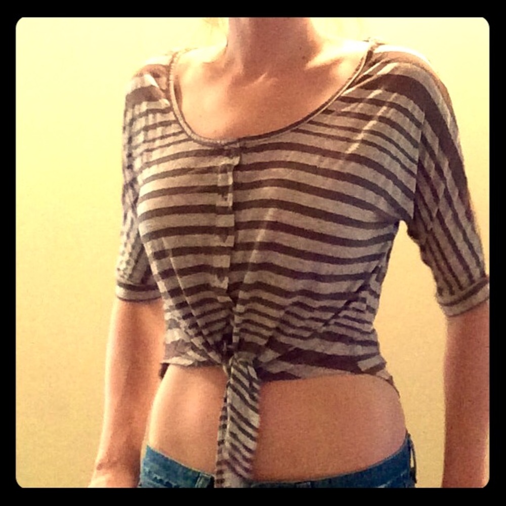 Brown and Cream Striped Cover Up Tie Belly Shirt