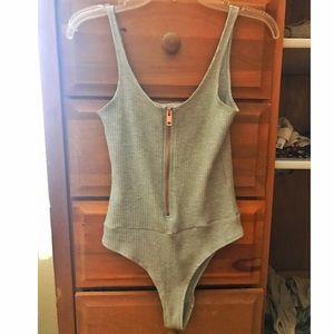 Aritzia Grey Ribbed Zipper Leotard