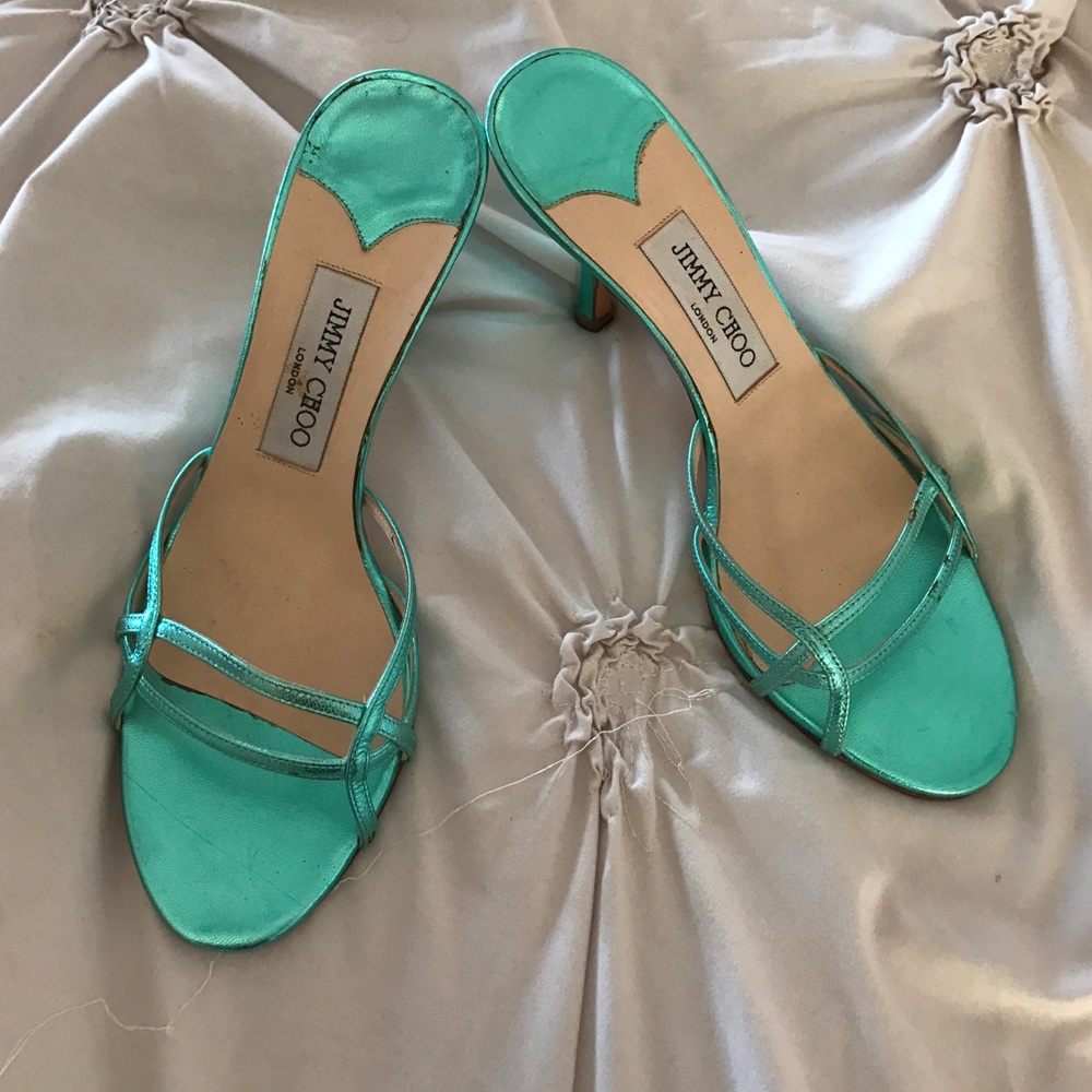 Jimmy Choo. Metallic green kitten heel  sandals