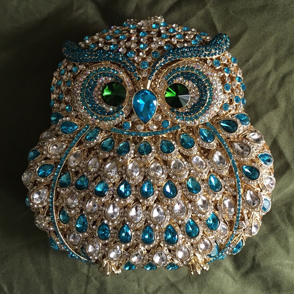 ๐ฆBig Owl Evening Purse - Gold with Blue Crystals - Picture 2 of 5