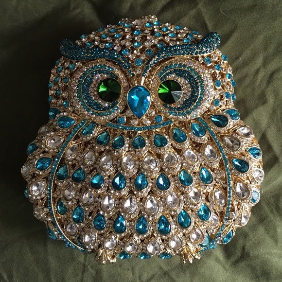 🦉Big Owl Evening Purse - Gold with Blue Crystals - Picture 2 of 5