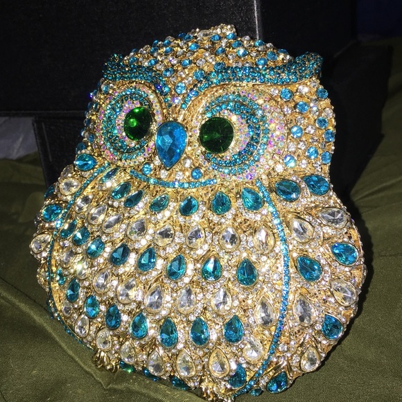 🦉Big Owl Evening Purse - Gold with Blue Crystals - Picture 3 of 5