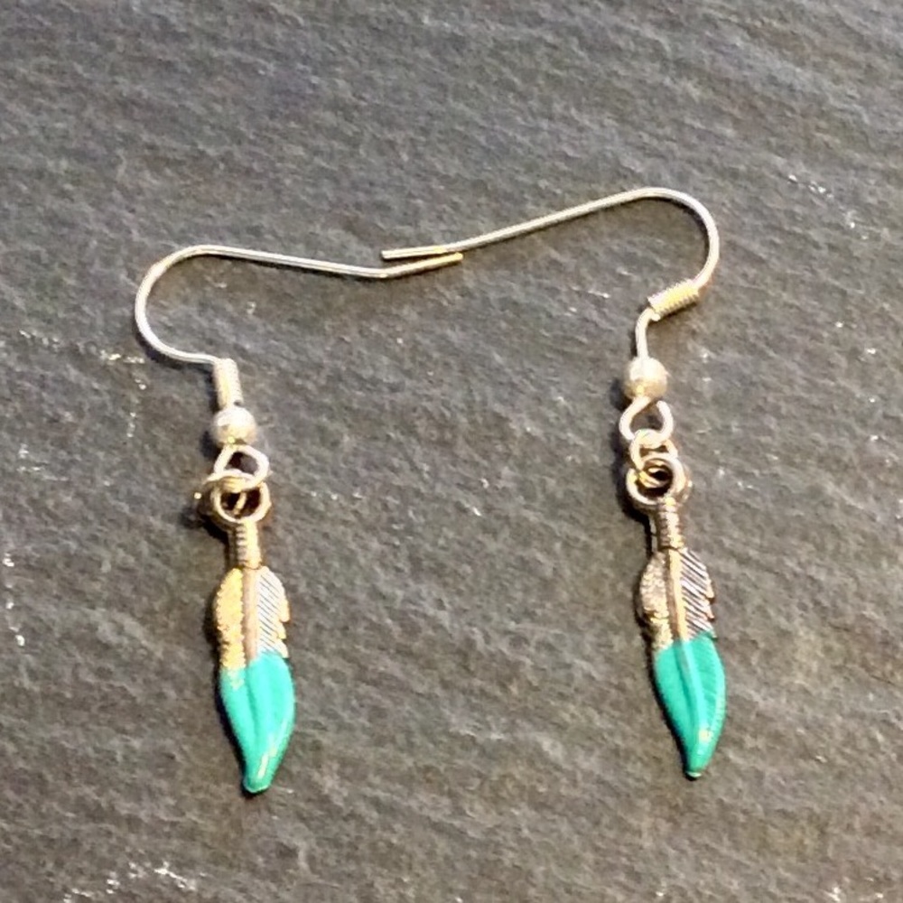 Silver Turquoise Dipped Feather Charm Earrings