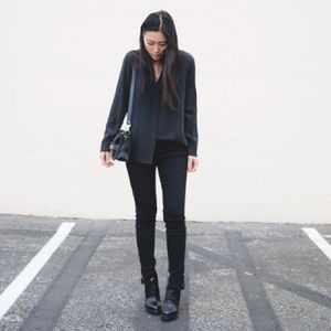 Everlane collarless blouse with hidden buttons