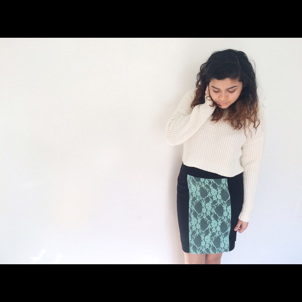 Mint Lace Black Midi Skirt