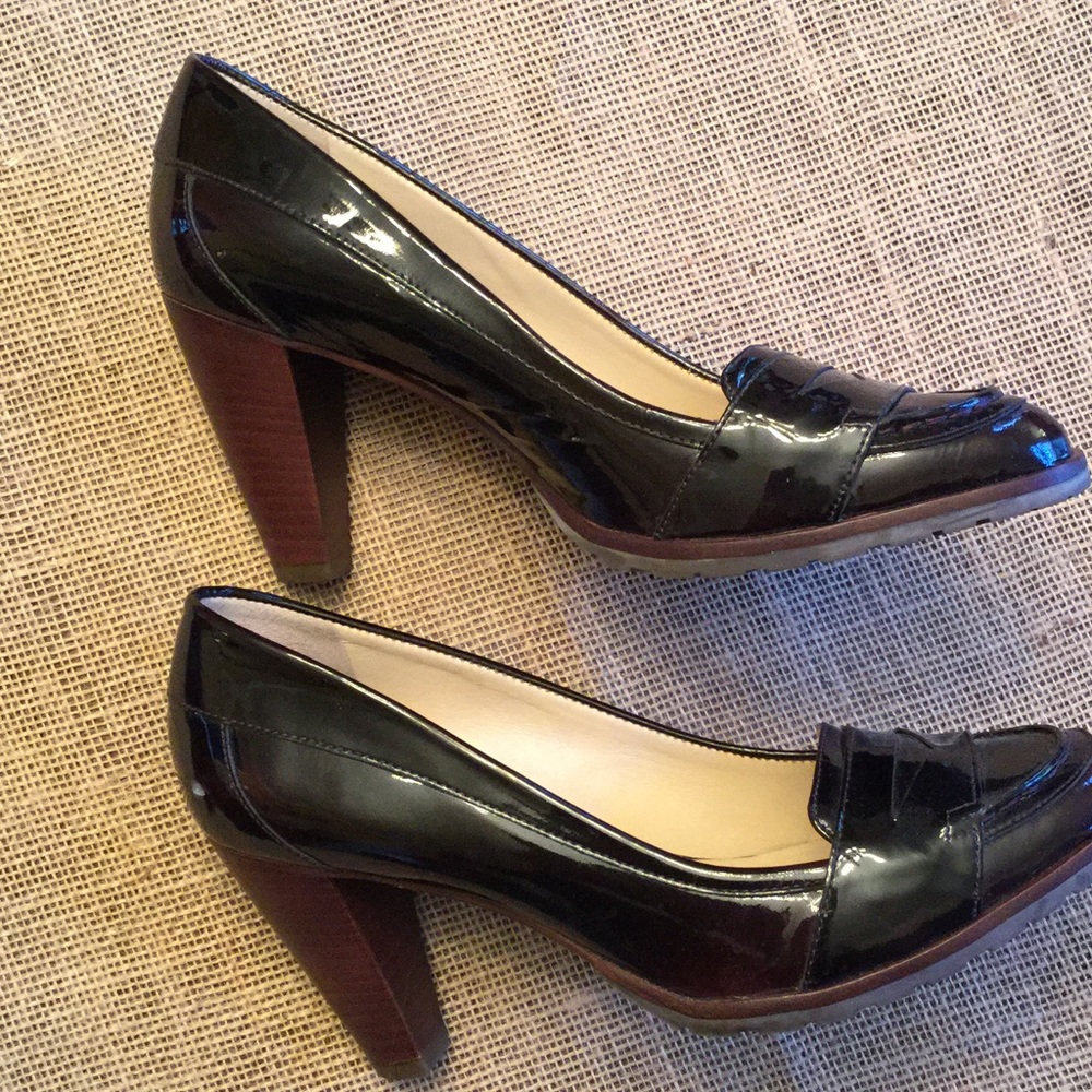 Patent brown/burgundy Cole Haan heel loafer.
