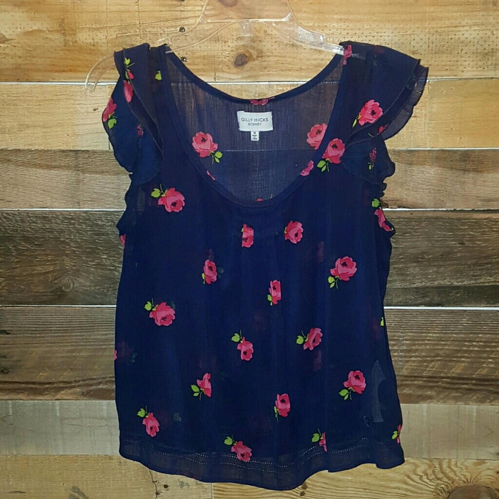 GILLY HICKS SHEER NAVY ROSE TOP
