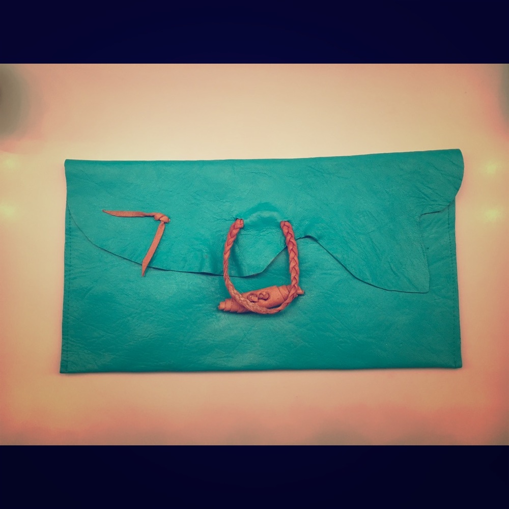 Aqua leather clutch, made in Jamaica