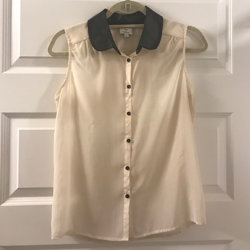 Off White Button Down Tank with Faux Black Collar