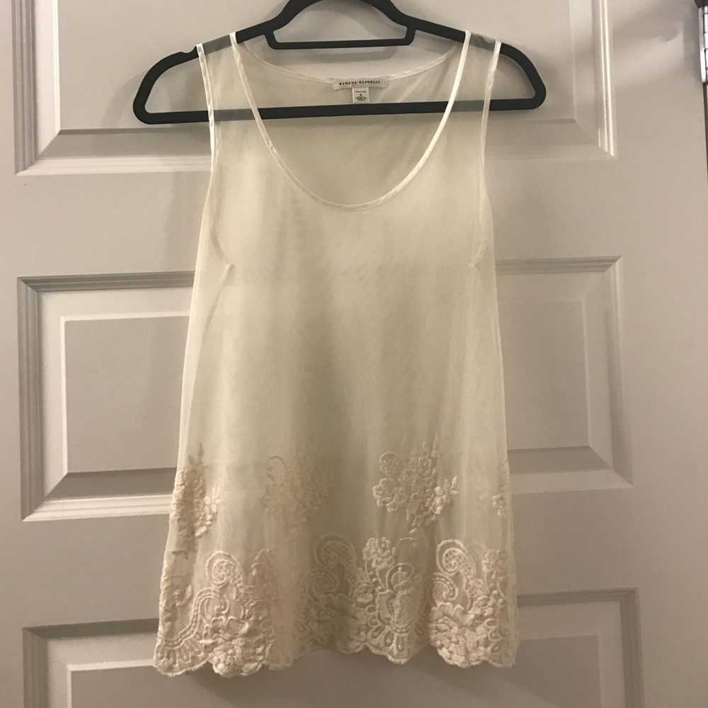 White Sheer Mesh Top with Floral Stitching