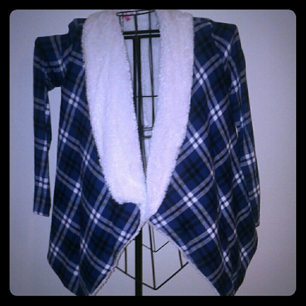 "No Boundarys", S, sweater Jacket, cardigan, buttonlessblue, black plaid