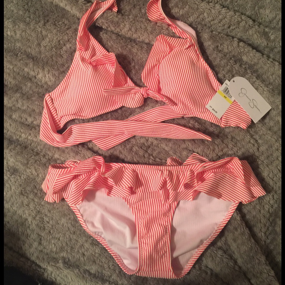Peach & White Seersucker Brand New Bikini Set