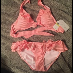 Peach & White Seersucker Brand New Bikini Set