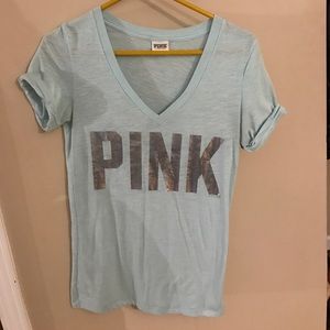 Light blue v neck pink tee