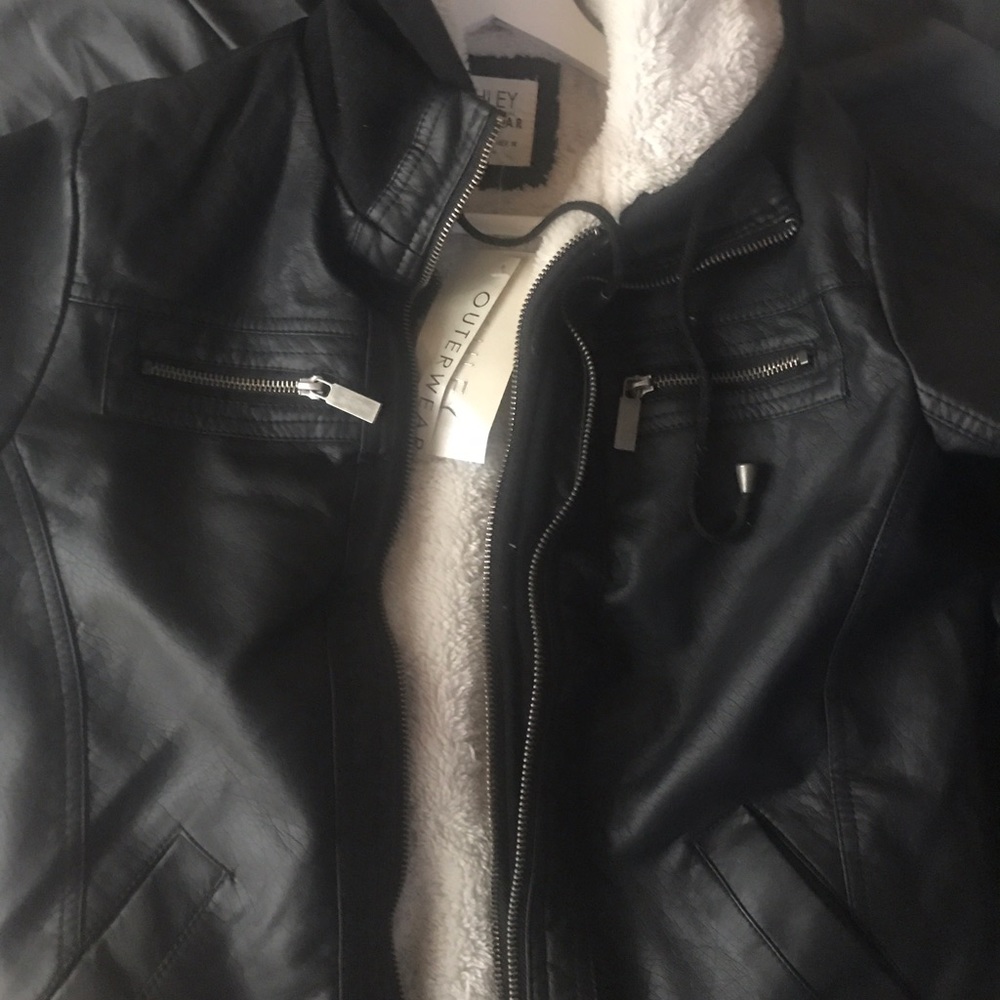 Faux Leather Jacket with fuzzy hood