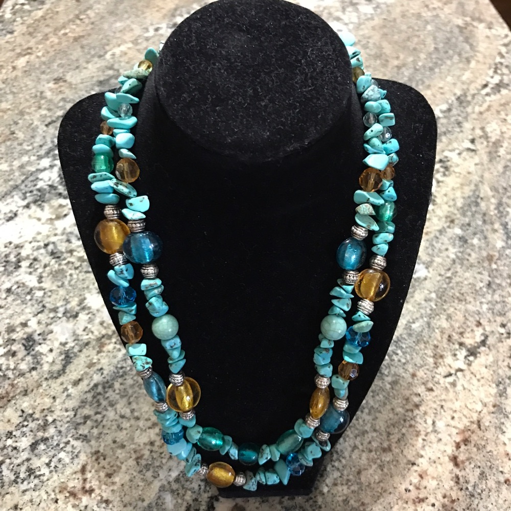 Turquoise stone, glass bead, crystal necklace