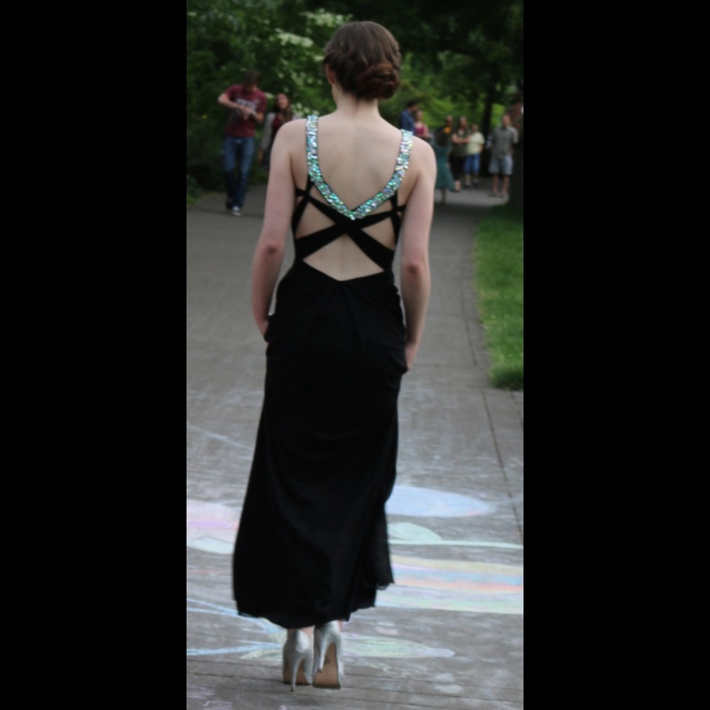 La Femme Black Prom Dress With Beaded Straps