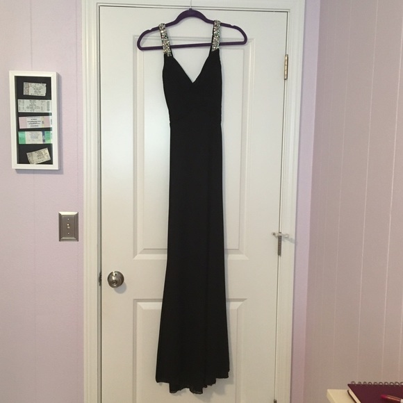 La Femme Black Prom Dress With Beaded Straps - Picture 3 of 8