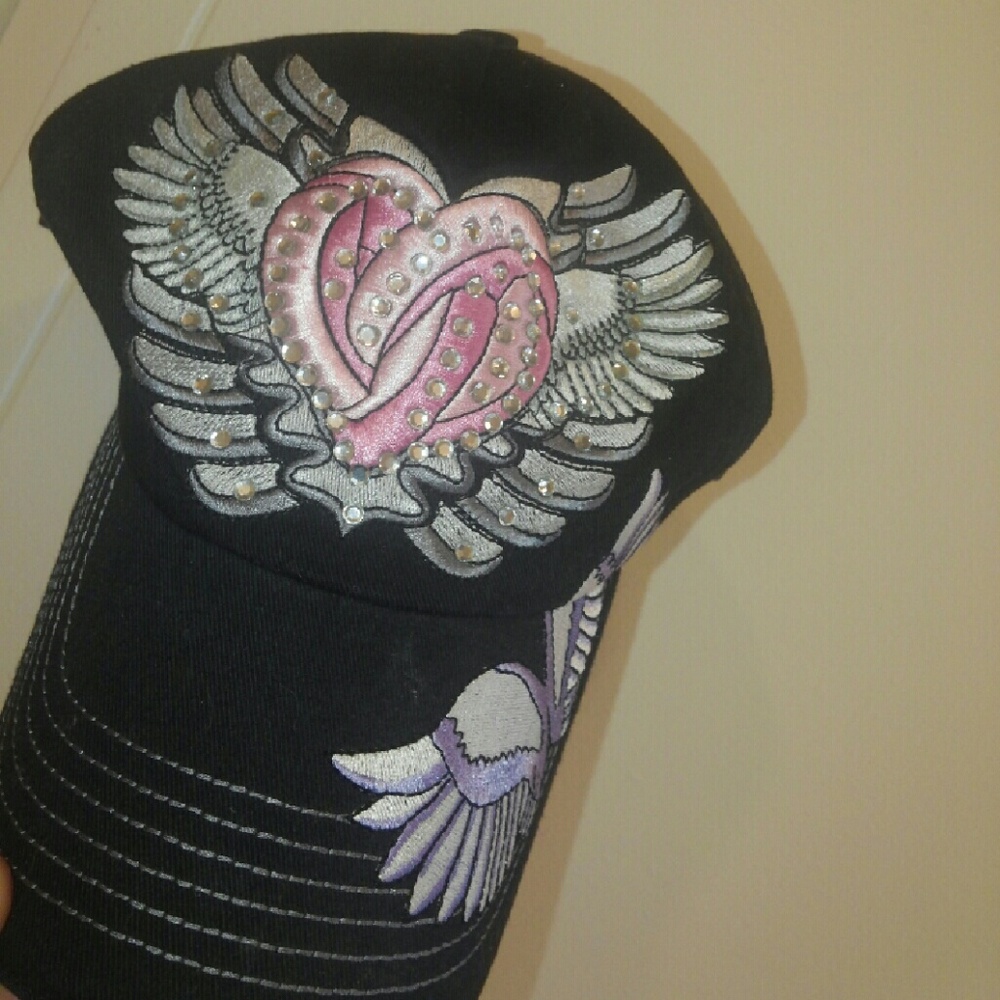 Jolly Roger embroidered rhinestone heart with angel wings hat, New, great gift.