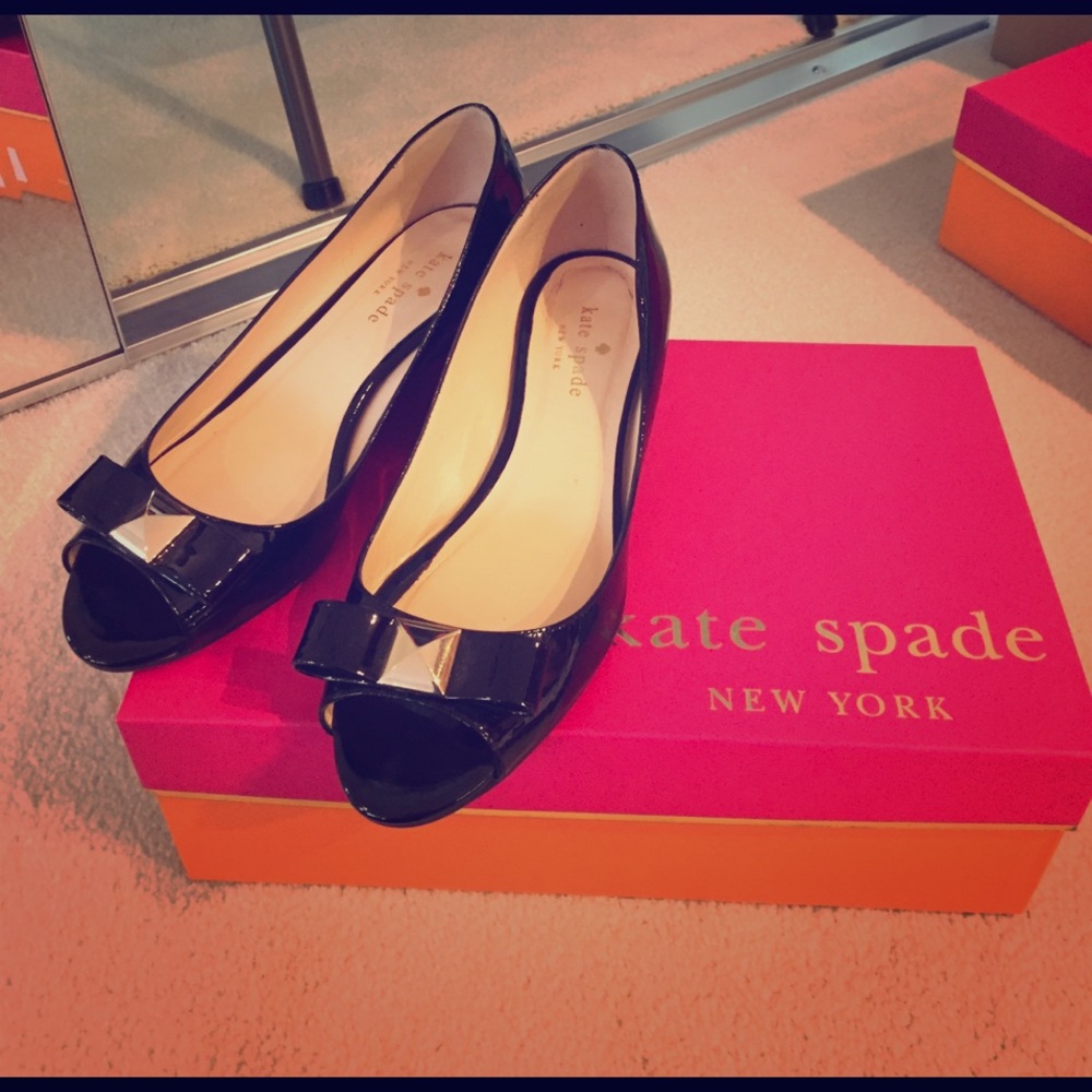 Kate Spade Tenor Black Patent Peep Toe Wedges 6M
