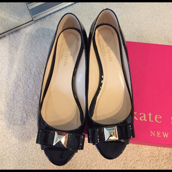 Kate Spade Tenor Black Patent Peep Toe Wedges 6M - Picture 5 of 8