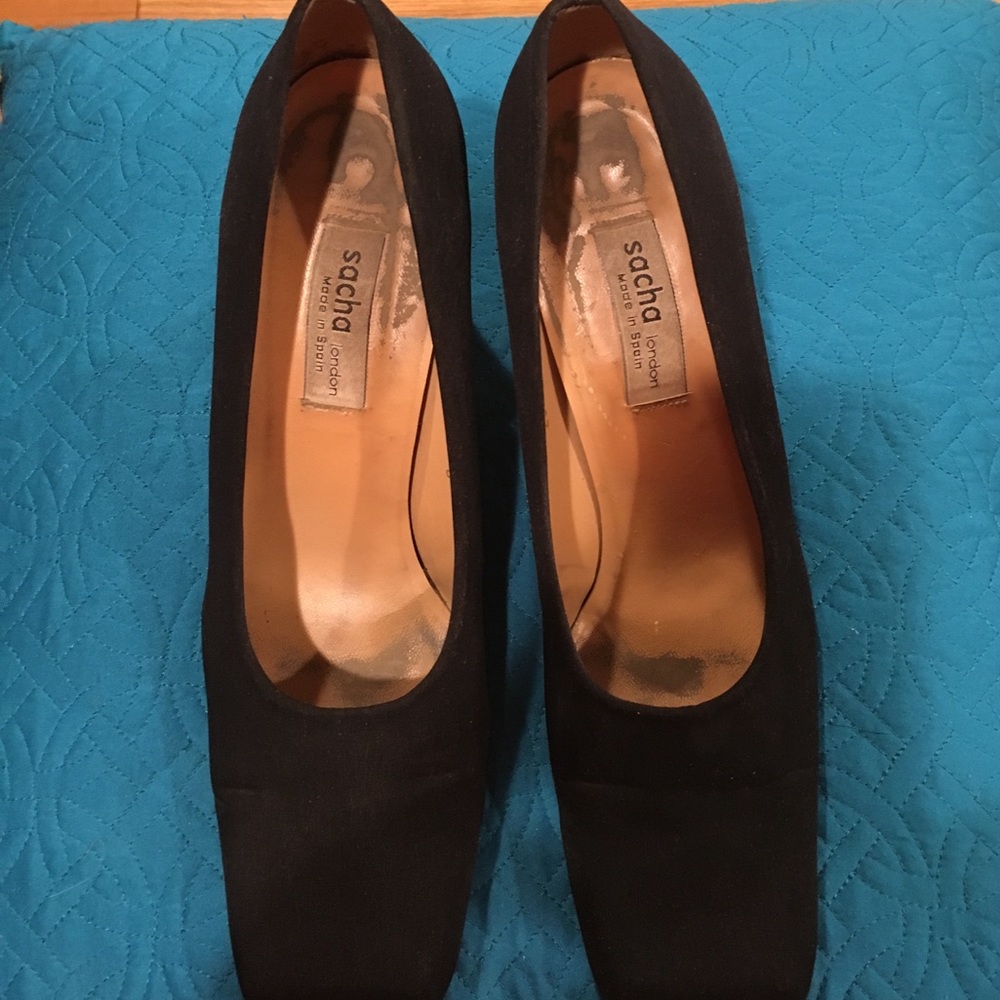 Black block-heeled pumps by Sacha London, size 10.
