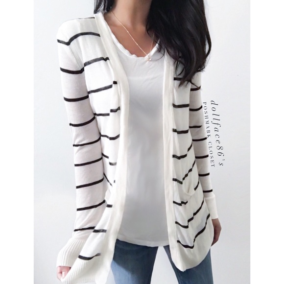 LOFT Sweaters - Loft Black + White Striped Cardigan
